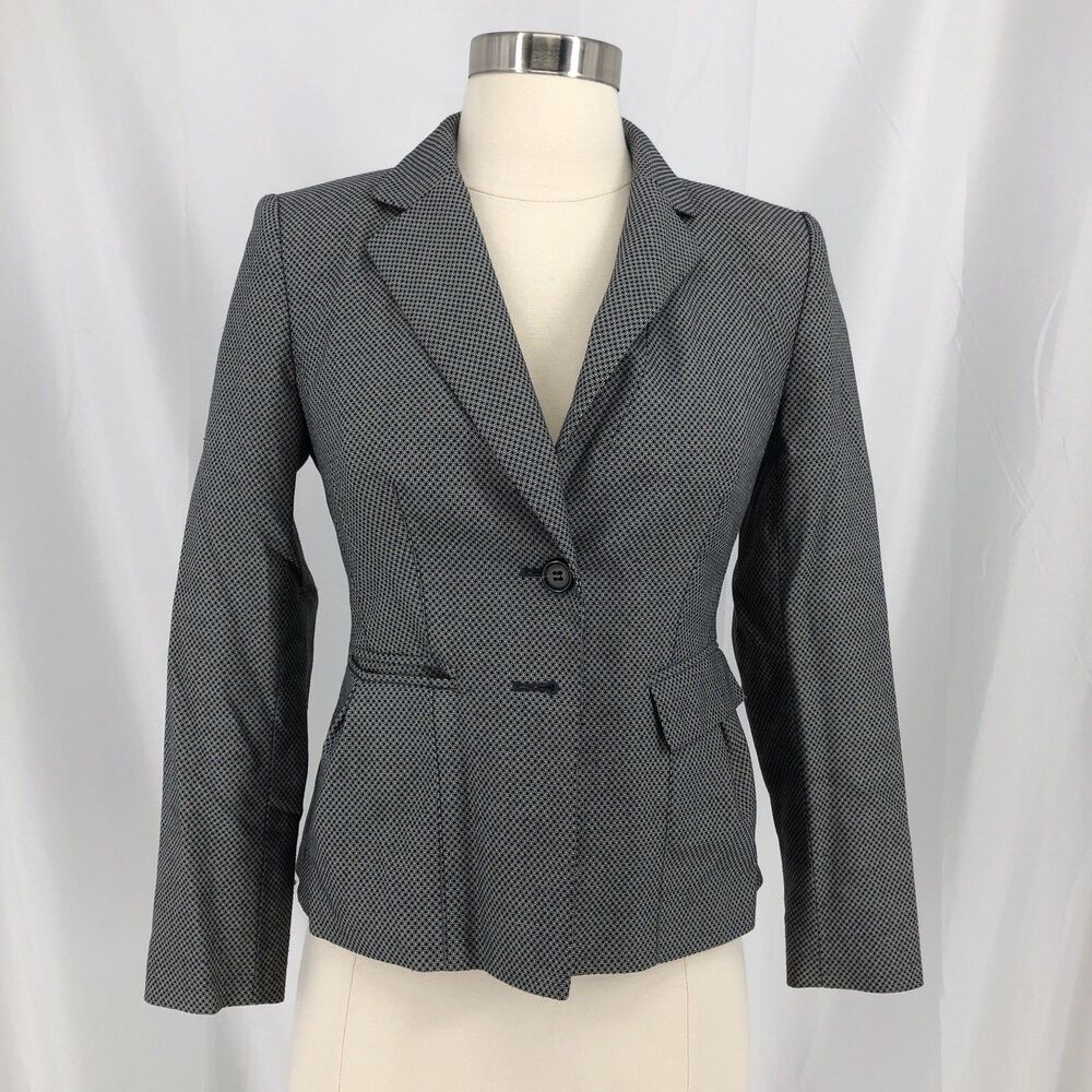 Halogen Women's 00P Petite Gray Black Pattern 2-Button Lined Blazer